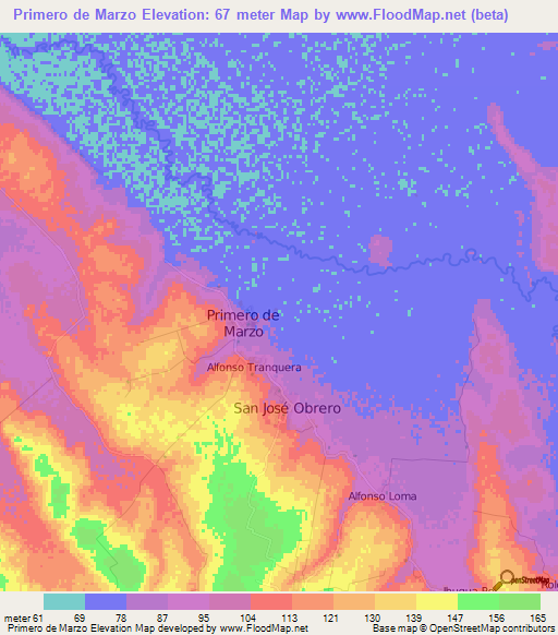 Primero de Marzo,Paraguay Elevation Map