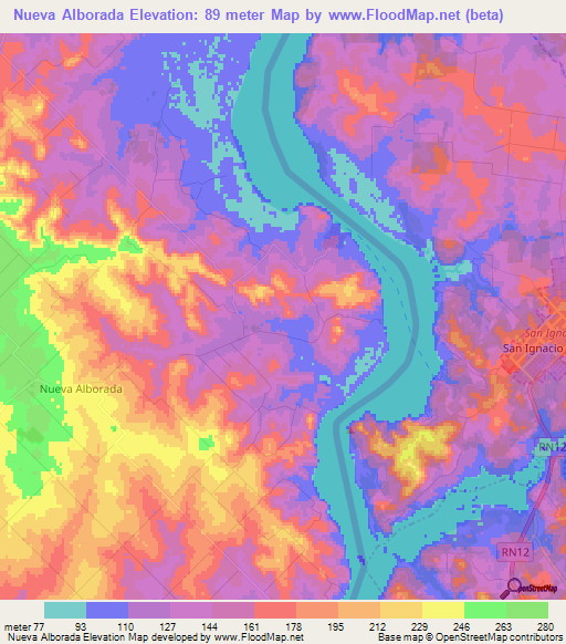 Nueva Alborada,Paraguay Elevation Map