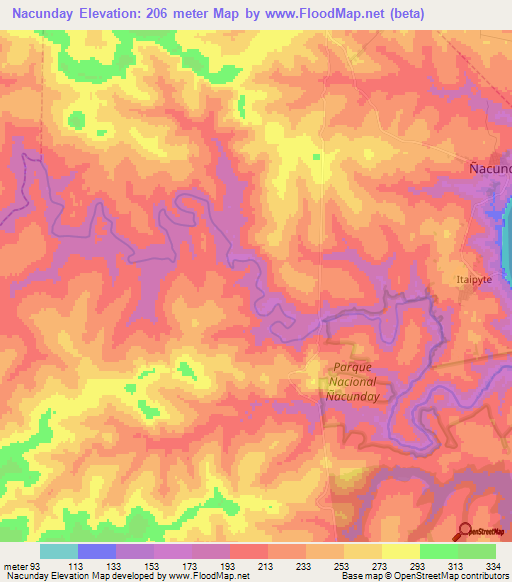 Nacunday,Paraguay Elevation Map