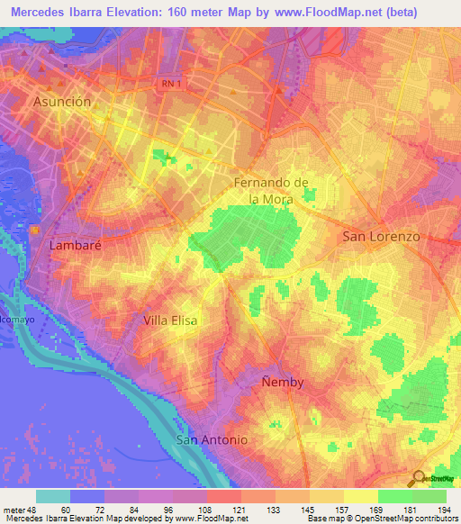 Mercedes Ibarra,Paraguay Elevation Map