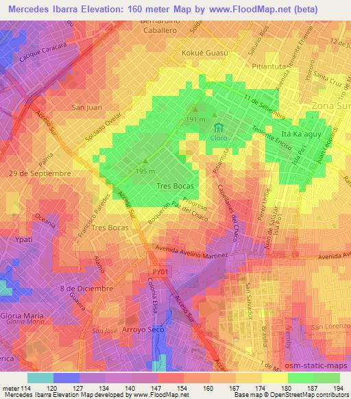 Mercedes Ibarra,Paraguay Elevation Map