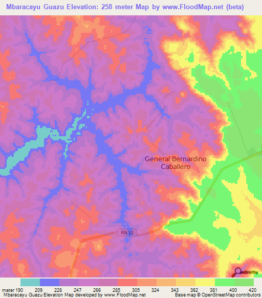 Mbaracayu Guazu,Paraguay Elevation Map