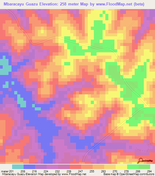 Mbaracayu Guazu,Paraguay Elevation Map