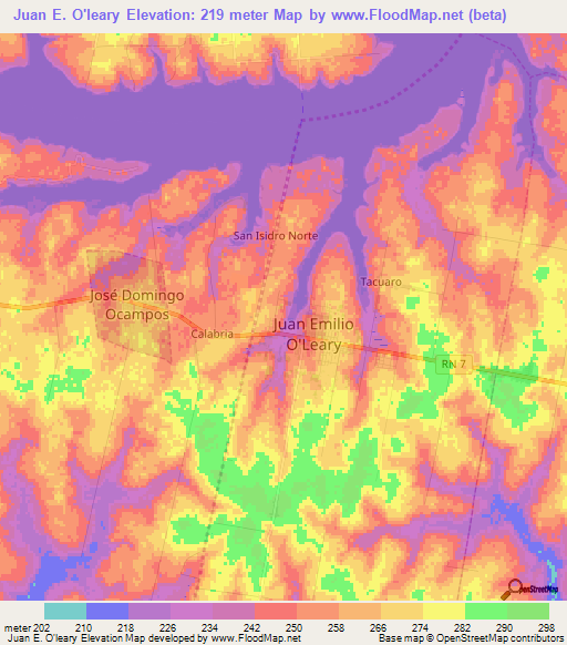 Juan E. O'leary,Paraguay Elevation Map