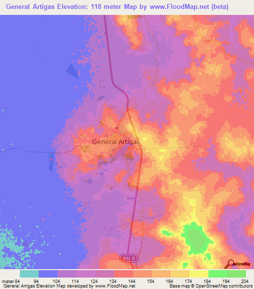 General Artigas,Paraguay Elevation Map
