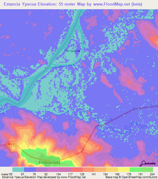 Estancia Ypecua,Paraguay Elevation Map