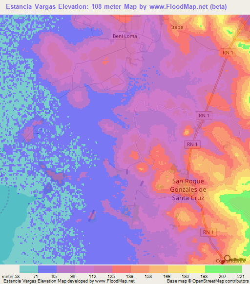 Estancia Vargas,Paraguay Elevation Map