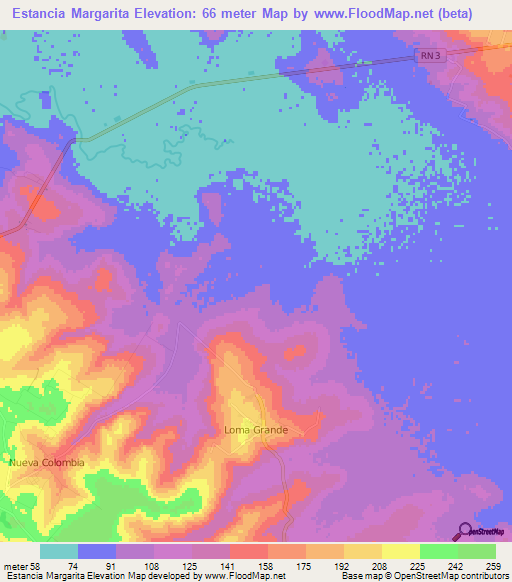 Estancia Margarita,Paraguay Elevation Map