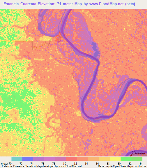 Estancia Cuarenta,Paraguay Elevation Map