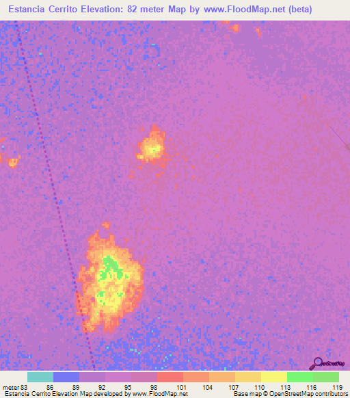 Estancia Cerrito,Paraguay Elevation Map