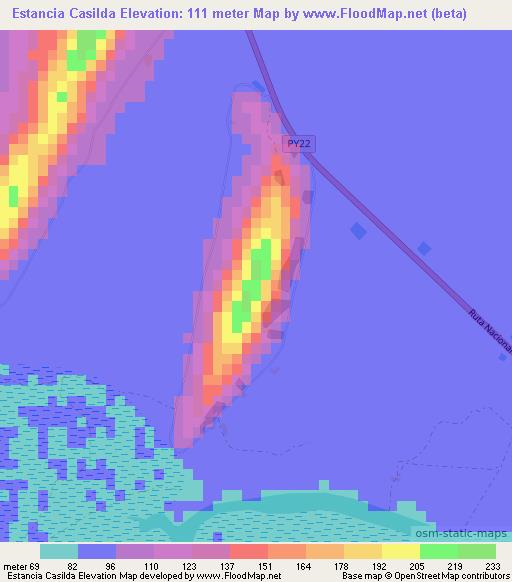 Estancia Casilda,Paraguay Elevation Map
