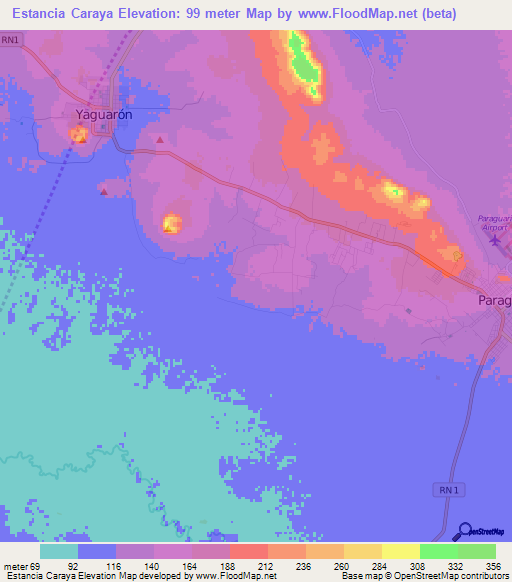 Estancia Caraya,Paraguay Elevation Map