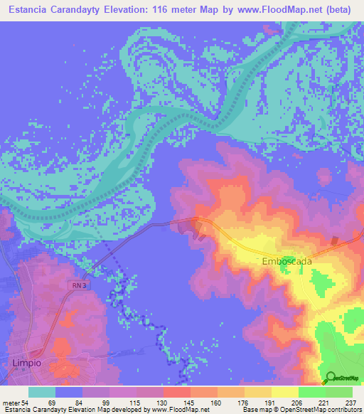 Estancia Carandayty,Paraguay Elevation Map