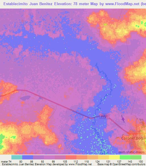 Establecimito Juan Benitez,Paraguay Elevation Map
