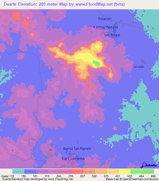 Duarte,Paraguay Elevation Map