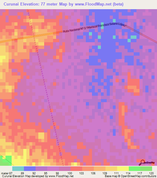 Curunai,Paraguay Elevation Map