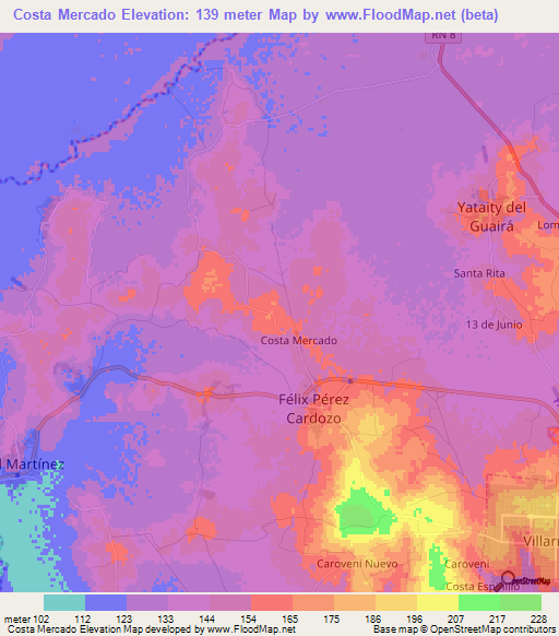 Costa Mercado,Paraguay Elevation Map