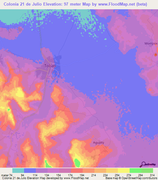 Colonia 21 de Julio,Paraguay Elevation Map