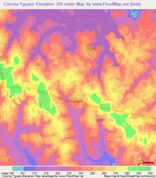 Colonia Yguazu,Paraguay Elevation Map