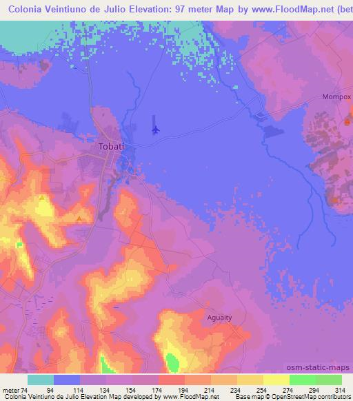 Colonia Veintiuno de Julio,Paraguay Elevation Map