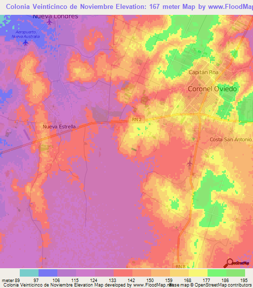 Colonia Veinticinco de Noviembre,Paraguay Elevation Map