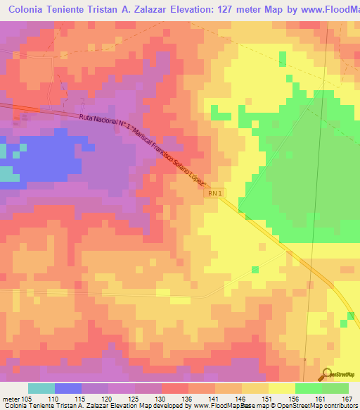 Colonia Teniente Tristan A. Zalazar,Paraguay Elevation Map