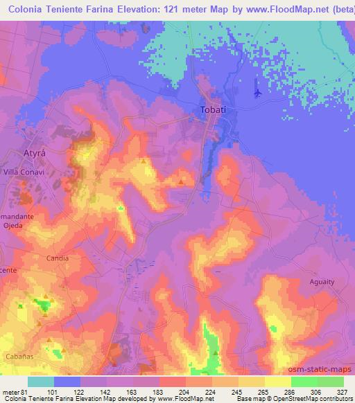 Colonia Teniente Farina,Paraguay Elevation Map