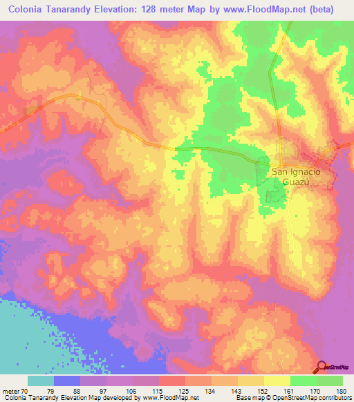 Colonia Tanarandy,Paraguay Elevation Map