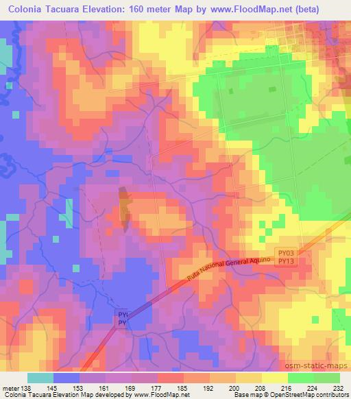 Colonia Tacuara,Paraguay Elevation Map