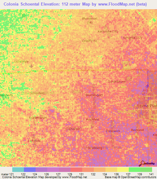 Colonia Schoental,Paraguay Elevation Map