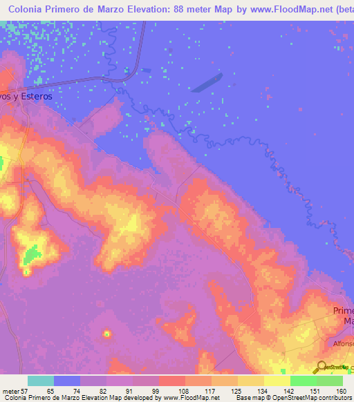 Colonia Primero de Marzo,Paraguay Elevation Map