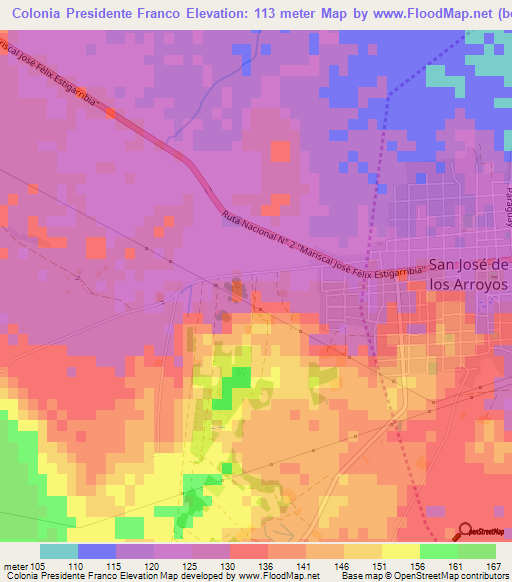 Colonia Presidente Franco,Paraguay Elevation Map