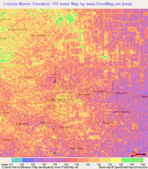 Colonia Menno,Paraguay Elevation Map