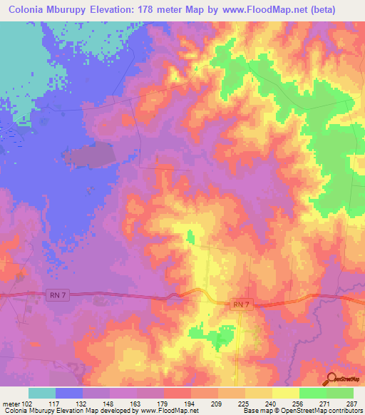 Colonia Mburupy,Paraguay Elevation Map