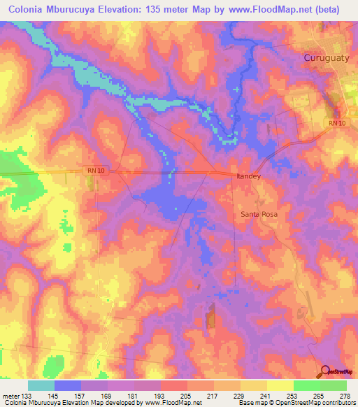 Colonia Mburucuya,Paraguay Elevation Map