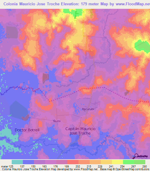 Colonia Mauricio Jose Troche,Paraguay Elevation Map