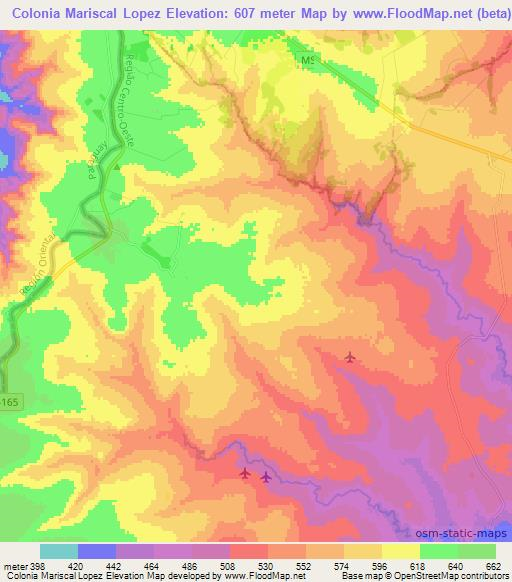 Colonia Mariscal Lopez,Paraguay Elevation Map