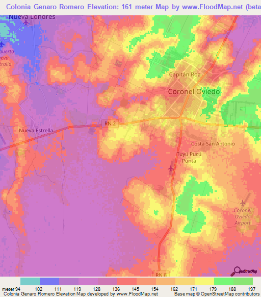 Colonia Genaro Romero,Paraguay Elevation Map