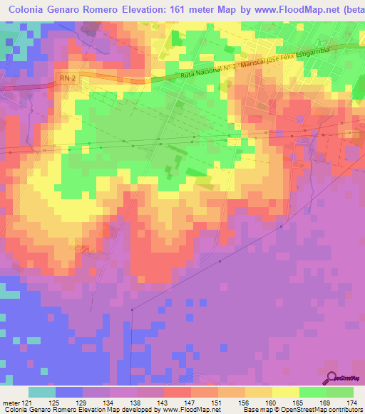Colonia Genaro Romero,Paraguay Elevation Map