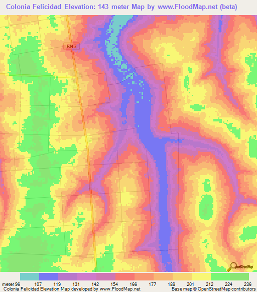 Colonia Felicidad,Paraguay Elevation Map