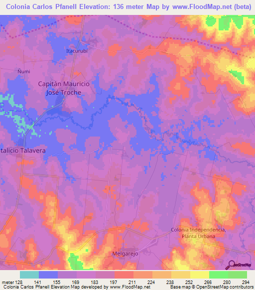 Colonia Carlos Pfanell,Paraguay Elevation Map