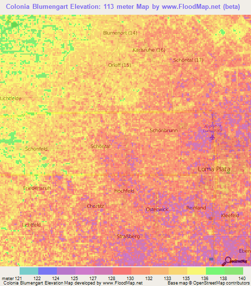 Colonia Blumengart,Paraguay Elevation Map