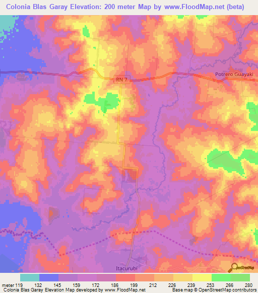 Colonia Blas Garay,Paraguay Elevation Map