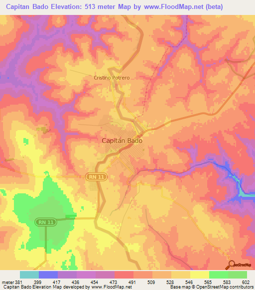 Capitan Bado,Paraguay Elevation Map