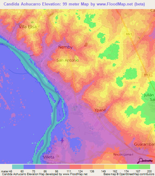 Candida Aohucarro,Paraguay Elevation Map