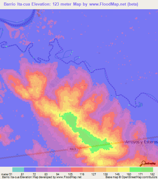 Barrio Ita-cua,Paraguay Elevation Map
