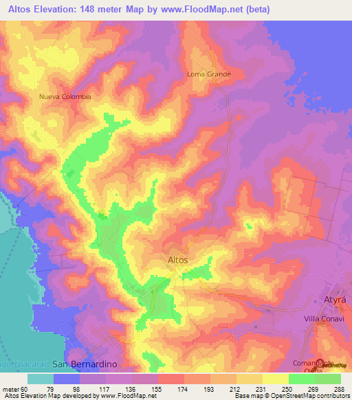 Altos,Paraguay Elevation Map