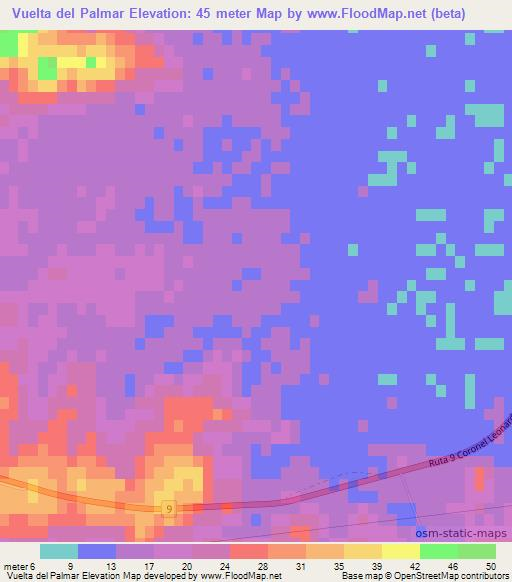 Vuelta del Palmar,Uruguay Elevation Map