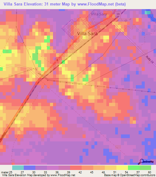 Villa Sara,Uruguay Elevation Map