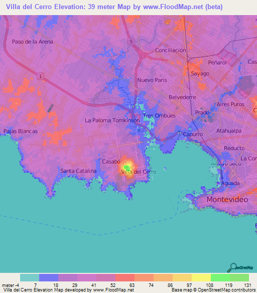 Villa del Cerro,Uruguay Elevation Map